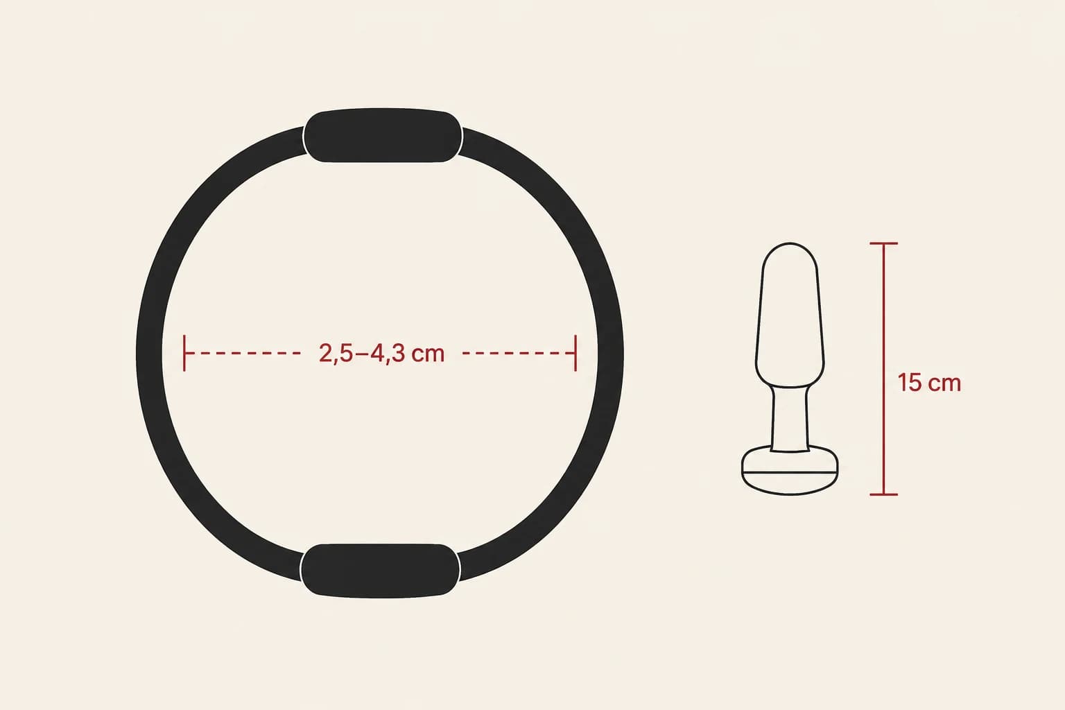 Schematische flexibele ring met maatvenster van 2,5 tot 4,3 cm en een losse plugschets van 15 cm
