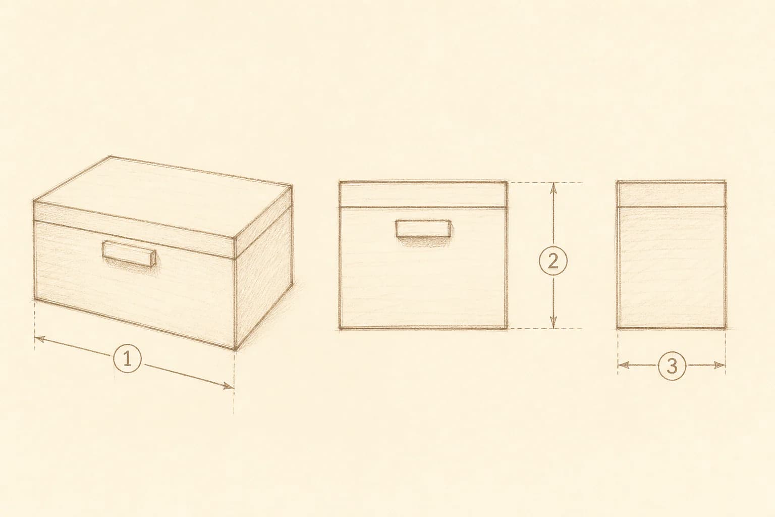 Drie rustige maatschema's van een rechthoekig volume in sepia potlood