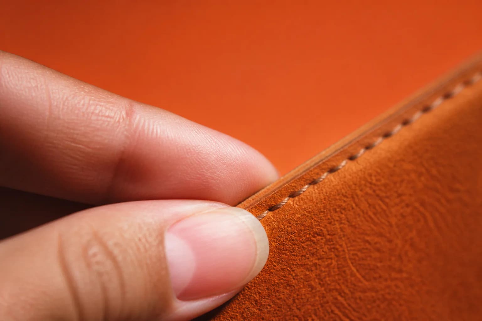 Vingers controleren een gestikte materiaalnaad tegen een oranje achtergrond