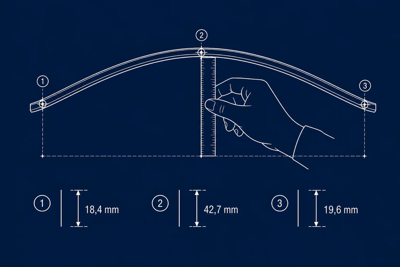 Blauw technisch maatschema van een gebogen object met drie afzonderlijke meetpunten