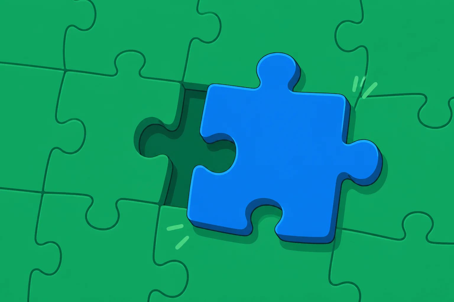 Felblauw puzzelstuk schuift in een smaragdgroene puzzel