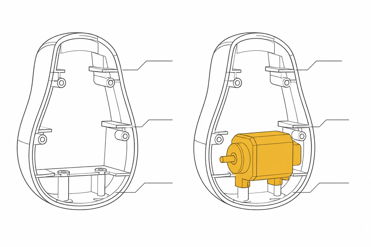 Twee identieke technische omhulsels, één leeg en één met okergele motor