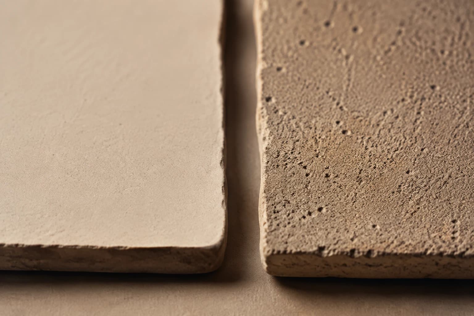 Twee materiaaloppervlakken onder strijklicht, links glad en mat en rechts zichtbaar poreuzer
