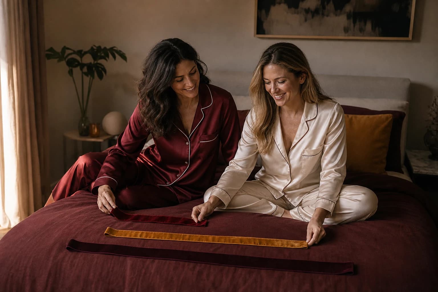 Twee vrouwen in satijnen pyjama's vergelijken drie fluwelen linten van verschillende lengte