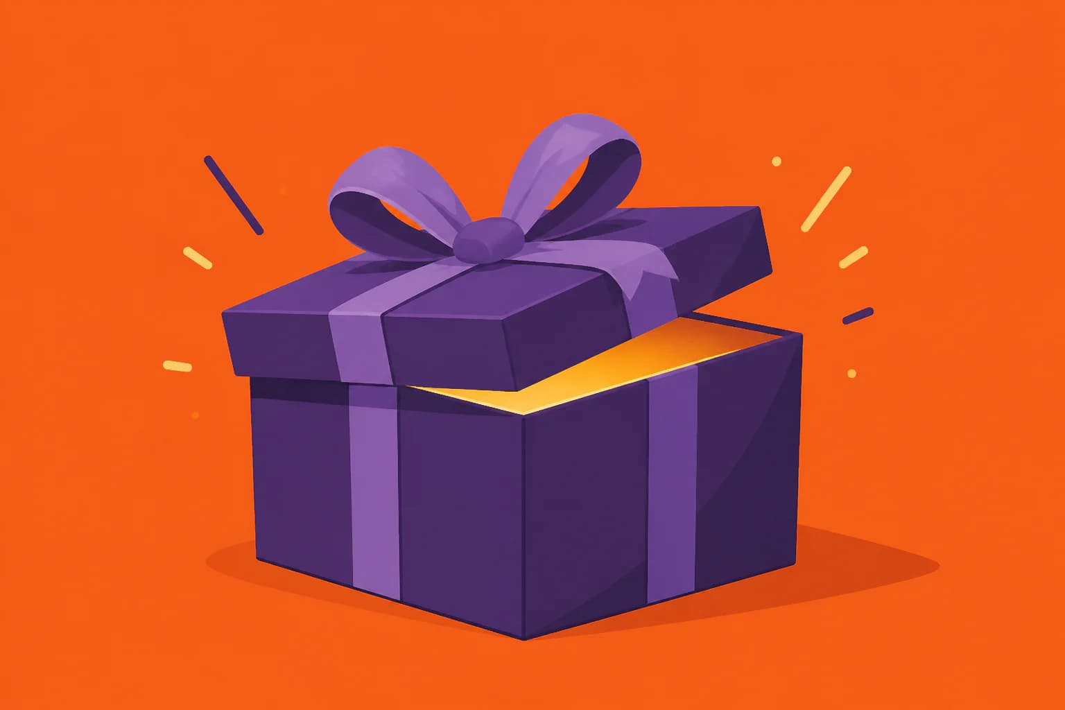 Donkerpaarse cadeaudoos op een verzadigde oranje achtergrond