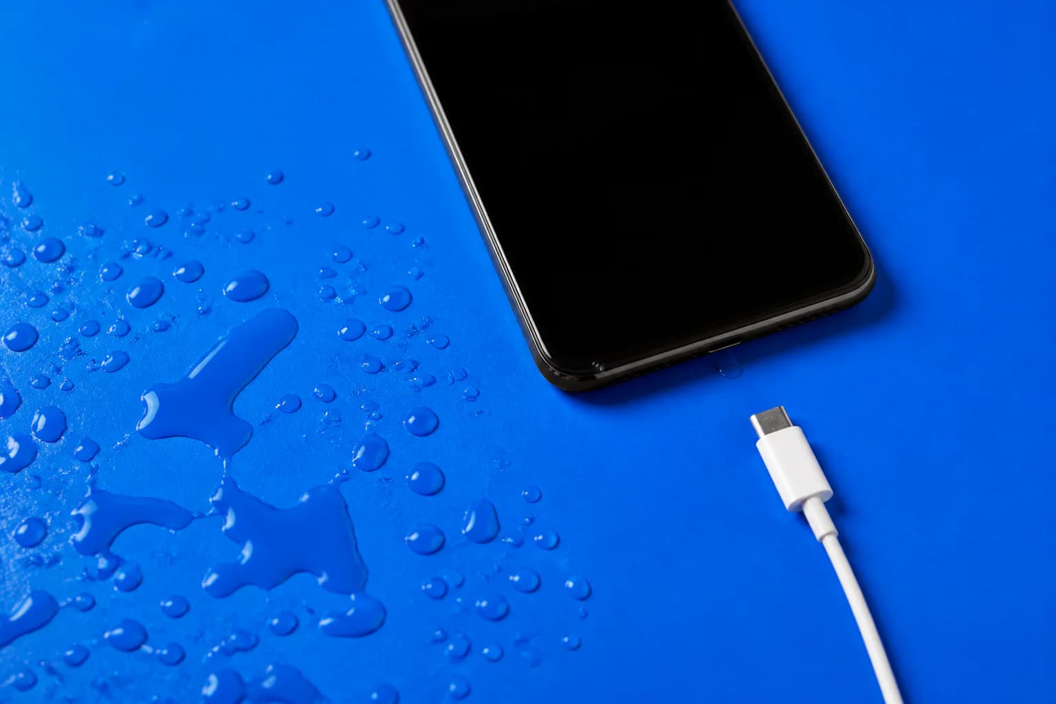 Telefoon en laadkabel naast een afgebakende natte zone op felblauw