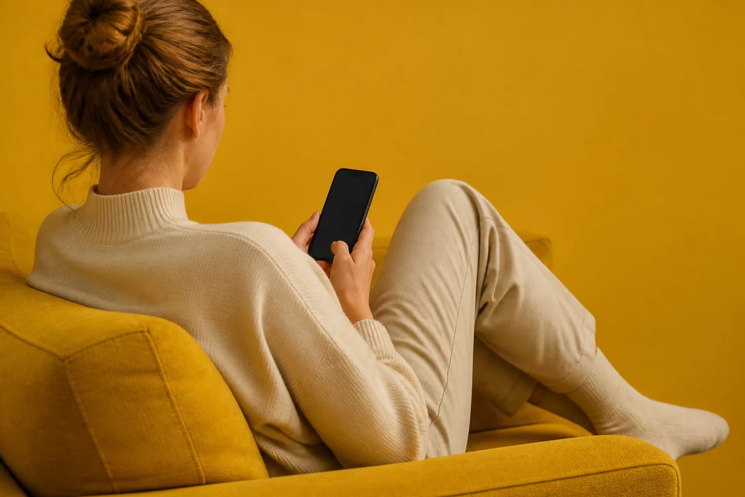 Persoon bekijkt rustig een telefoon op een mosterdgele bank