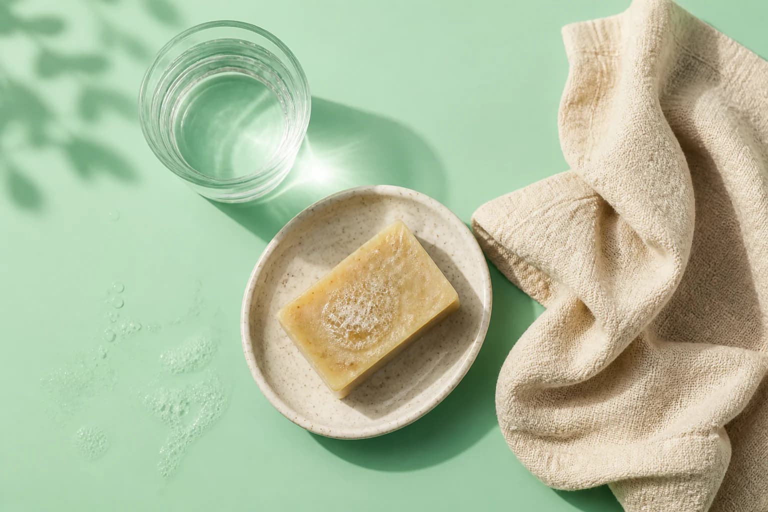 Zeep, water en zachte doeken als frisse flatlay op mintgroen