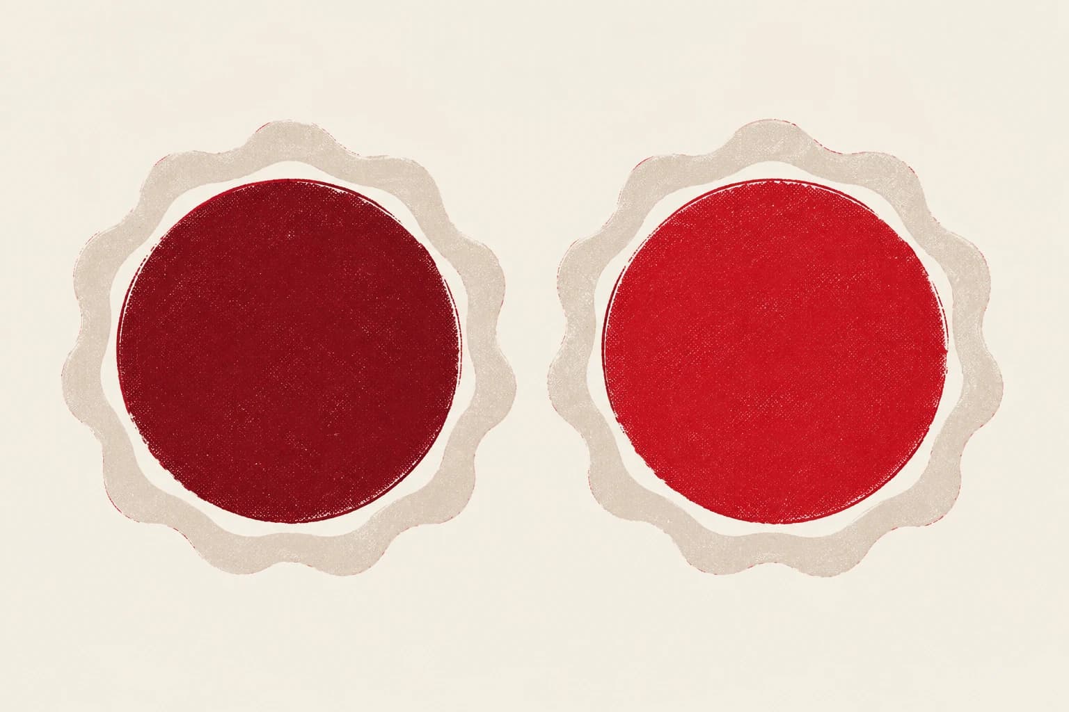 Grafische riso-illustratie: twee gelijke ronde vlakken in oxblood en rood, elk omringd door een eigen golvende bone-3-rand die water suggereert, met ruimte ertussen.
